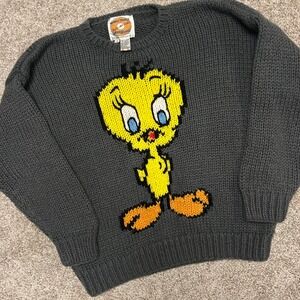 Vintage Looney Tunes Kitty Hawk Tweety Bird Sweater Men Medium 80s Gray Rare